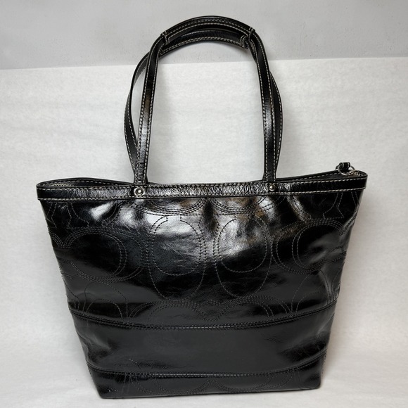 Coach Signature Logo Black Patent Leather Stitch Tote Shoulder Bag Double F15142 - Picture 10 of 16
